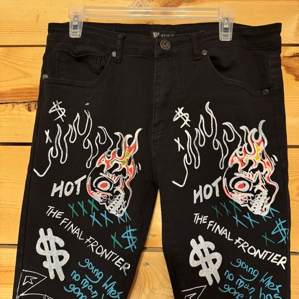 Waimea Men’s Black StretchSkinny Fit Graffiti Jeans 34x30 Pants - Picture 8 of 11